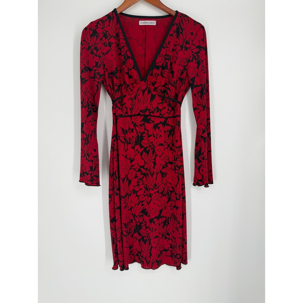 Jonathan Martin Women Dress Large Red Floral V-Neck Long Sleeve Y2K Whimsigoth